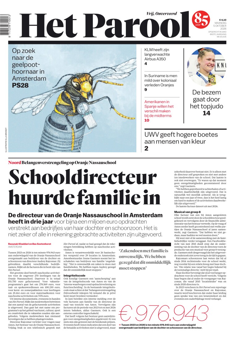 Portada de Het Parool del 5 de octubre de 2026. Titular: La directora de la escuela alquiló a su familia.