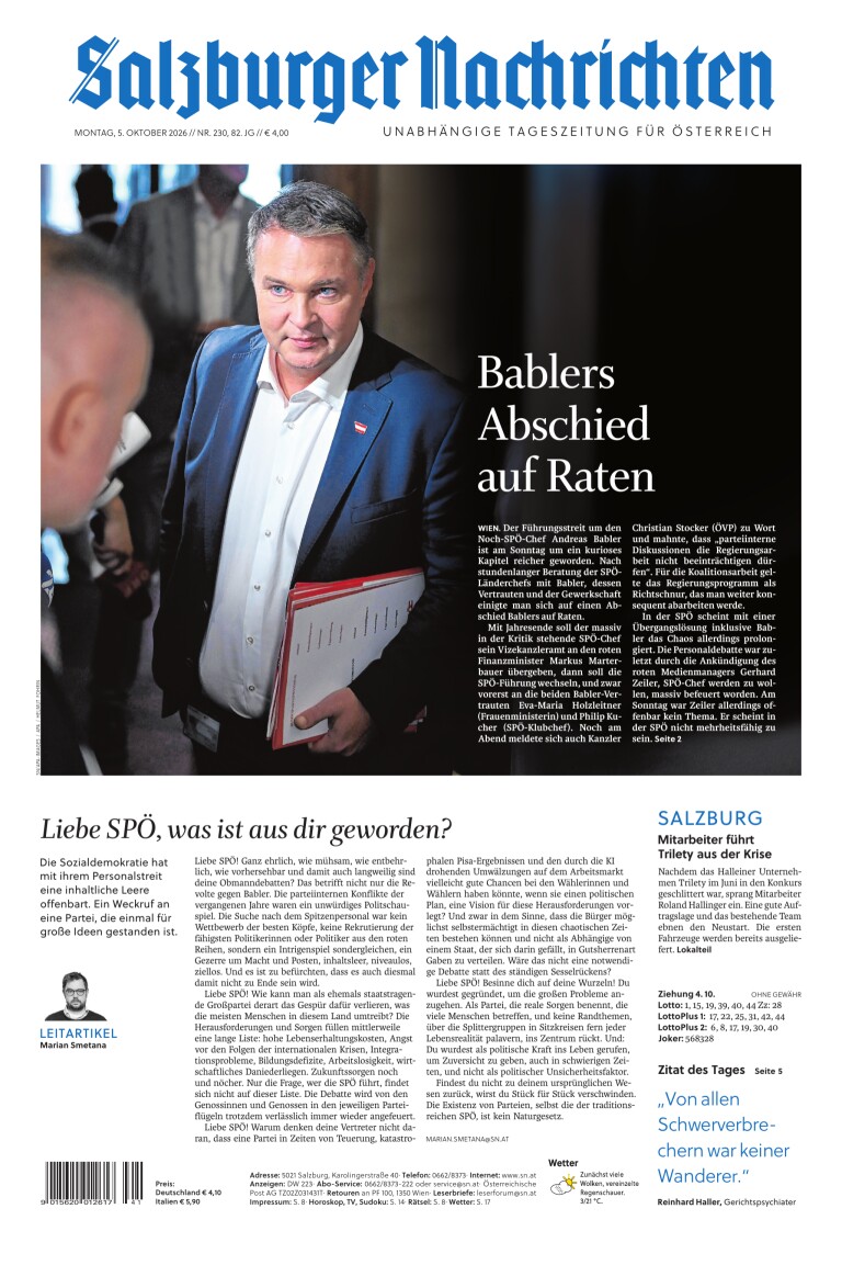 Portada de Salzburger Nachrichten del 5 de octubre de 2026. Titular: La despedida de Babler en cuotas.