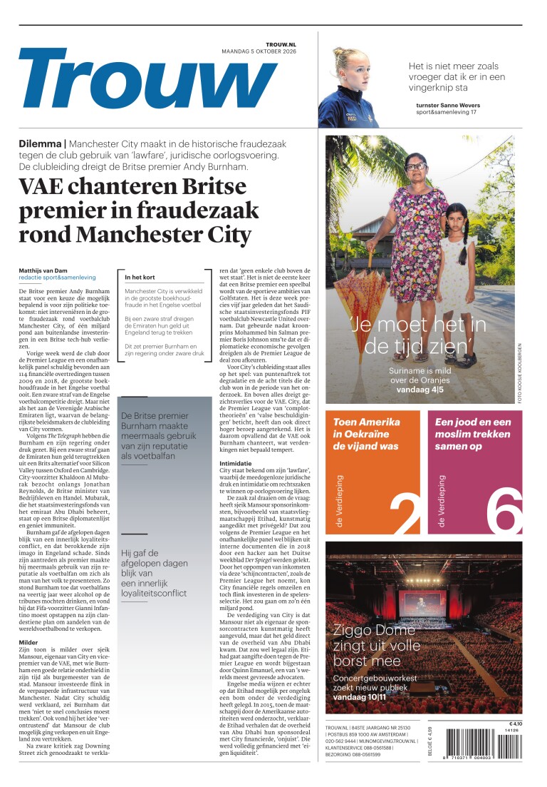 Portada de Trouw del 5 de octubre de 2026. Titular: UAE blackmails British prime minister in Manchester City fraud case.