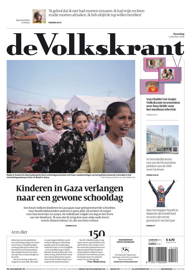 Portada de de Volkskrant del 5 de octubre de 2026. Titular: Los niños en Gaza anhelan un día de escuela normal.